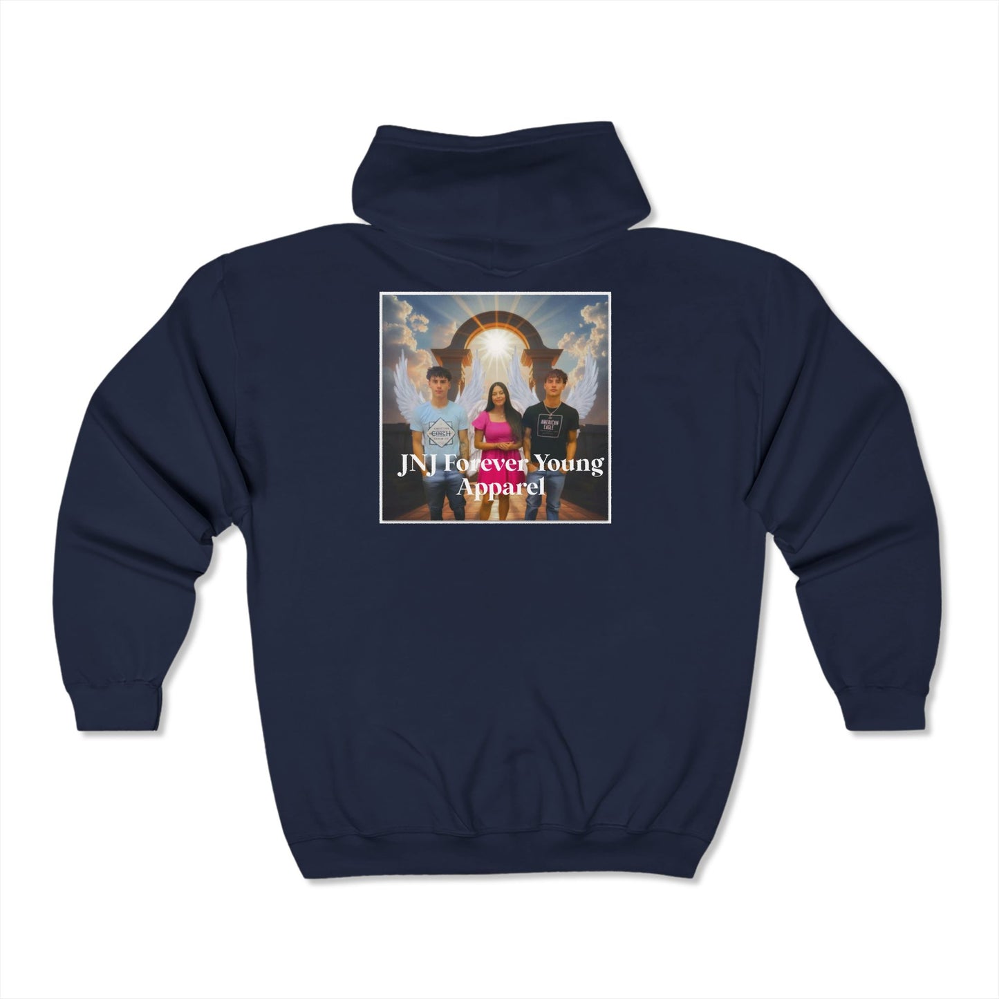 JNJ Forever Young Angels Front & Back ~ Unisex Heavy Blend™ Full Zip Hooded Sweatshirt